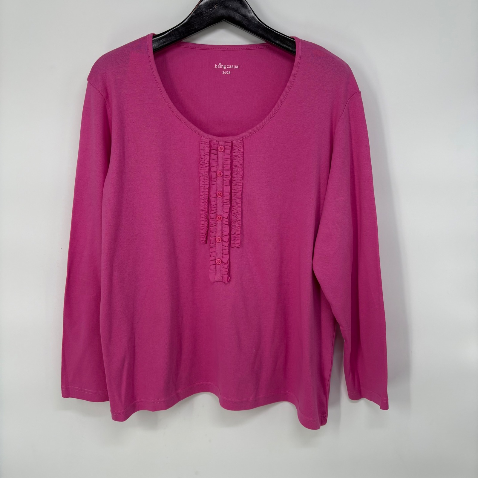 Being Casual Pink Ruffle Button Front Long Sleeve Cotton Top Plus Size 24/26 New